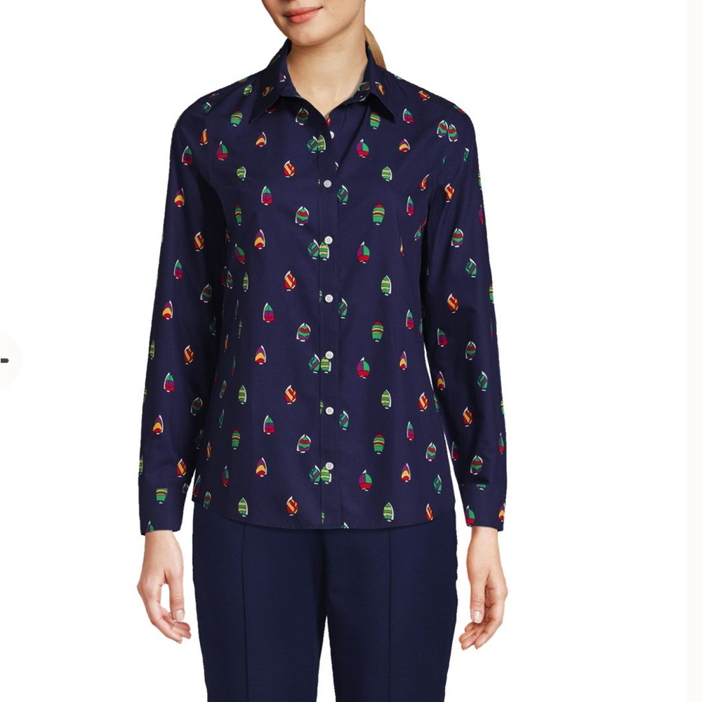 Land Ends Deep Sea Navy Sailboats novelty print button down shirt 100% cotton 2P